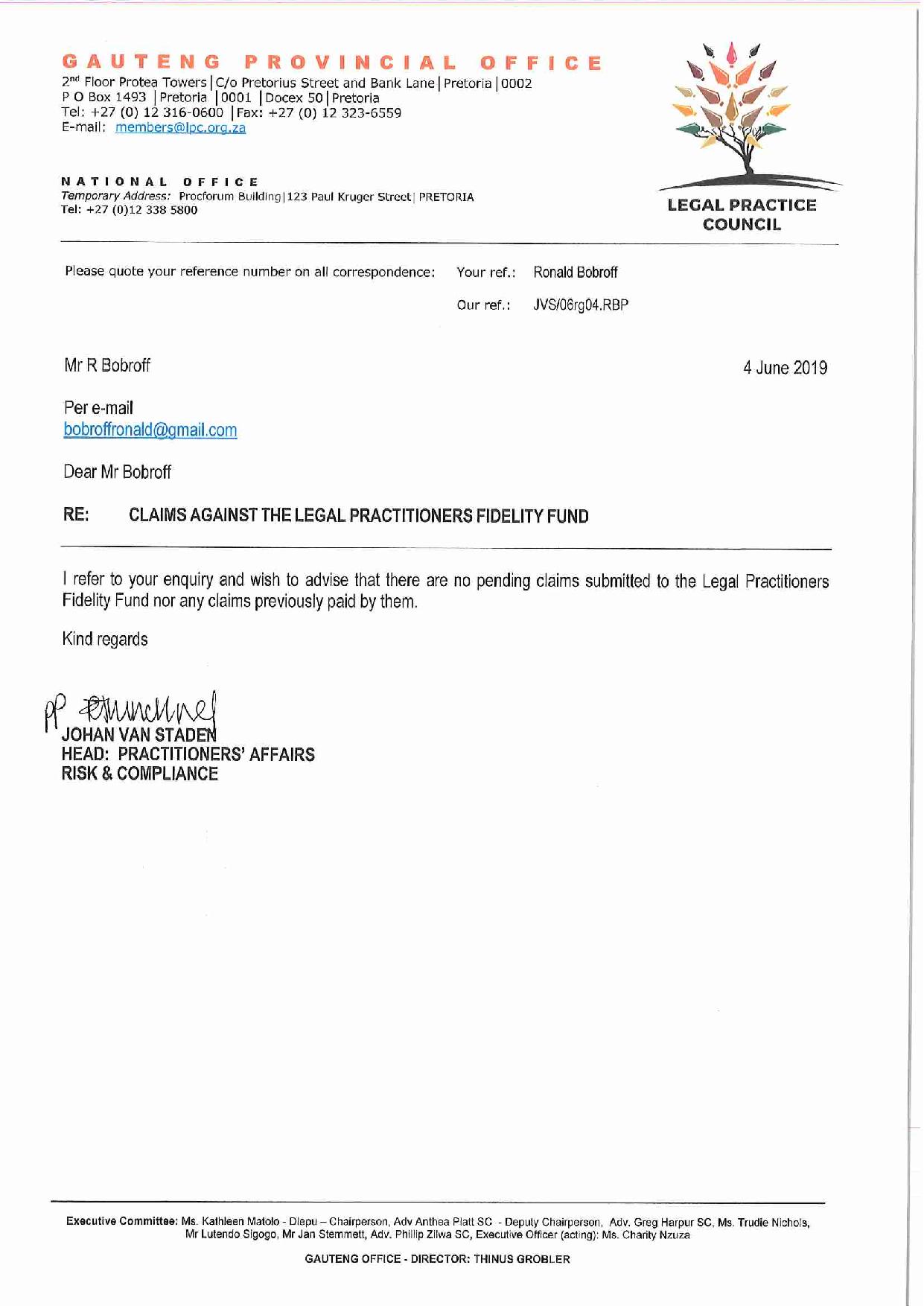Latest letter from Johan van Staden re no claims dated 4 June 2019 page 001
